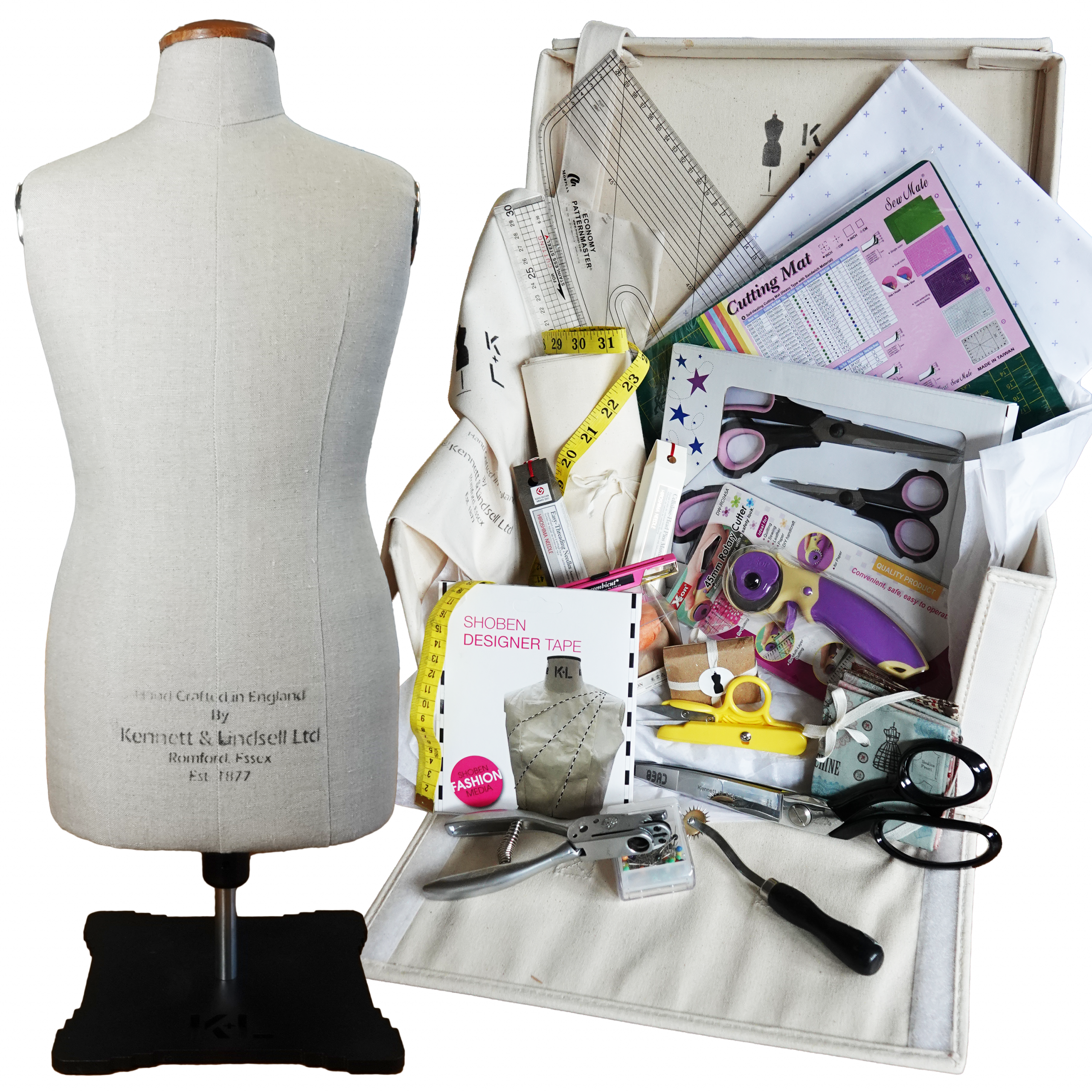 Kennett and Lindsell Kit Two fashion toolkit featuring a mini model dress form, tailor shears, and pattern master.