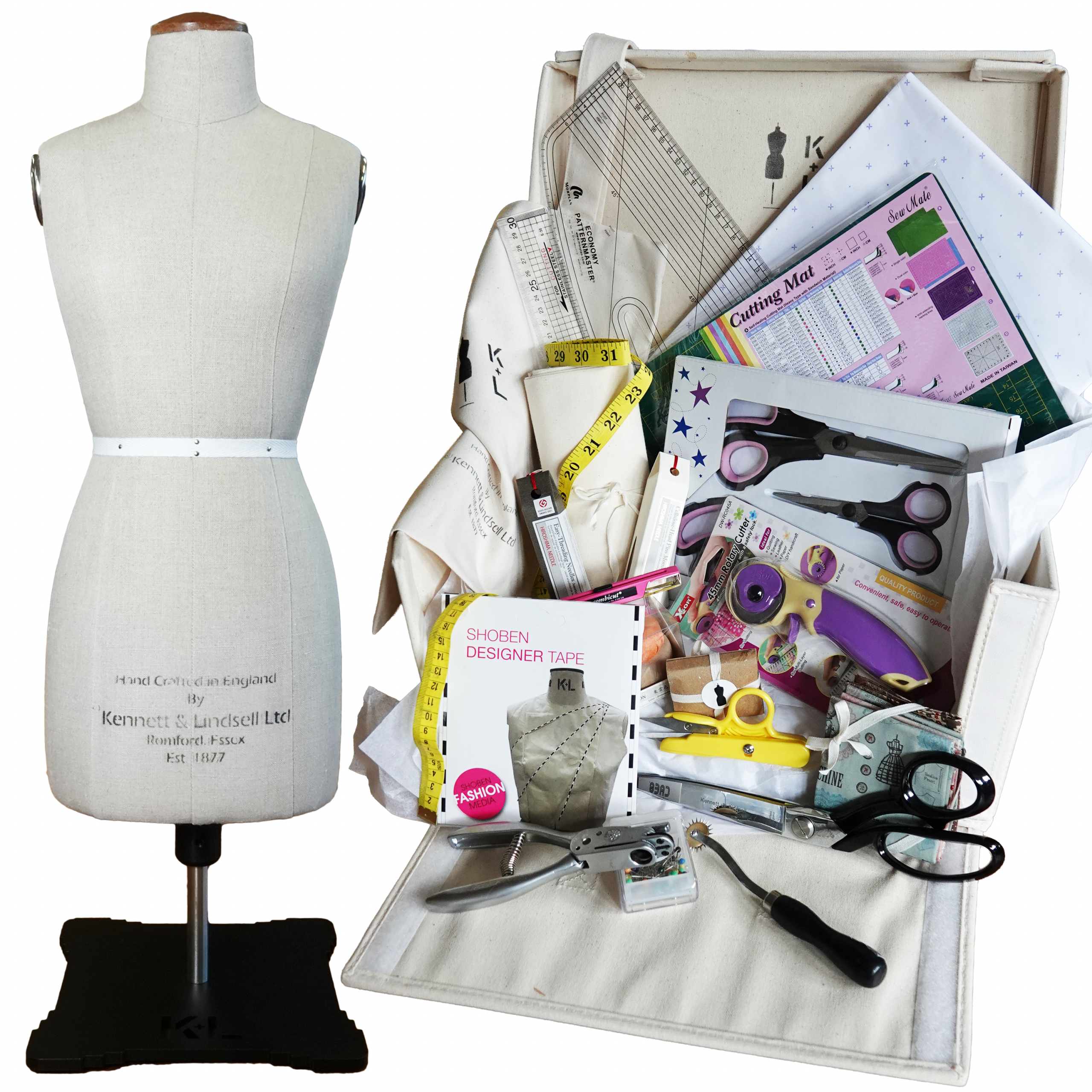 Kennett and Lindsell Kit Two fashion toolkit featuring a mini model dress form, tailor shears, and pattern master.